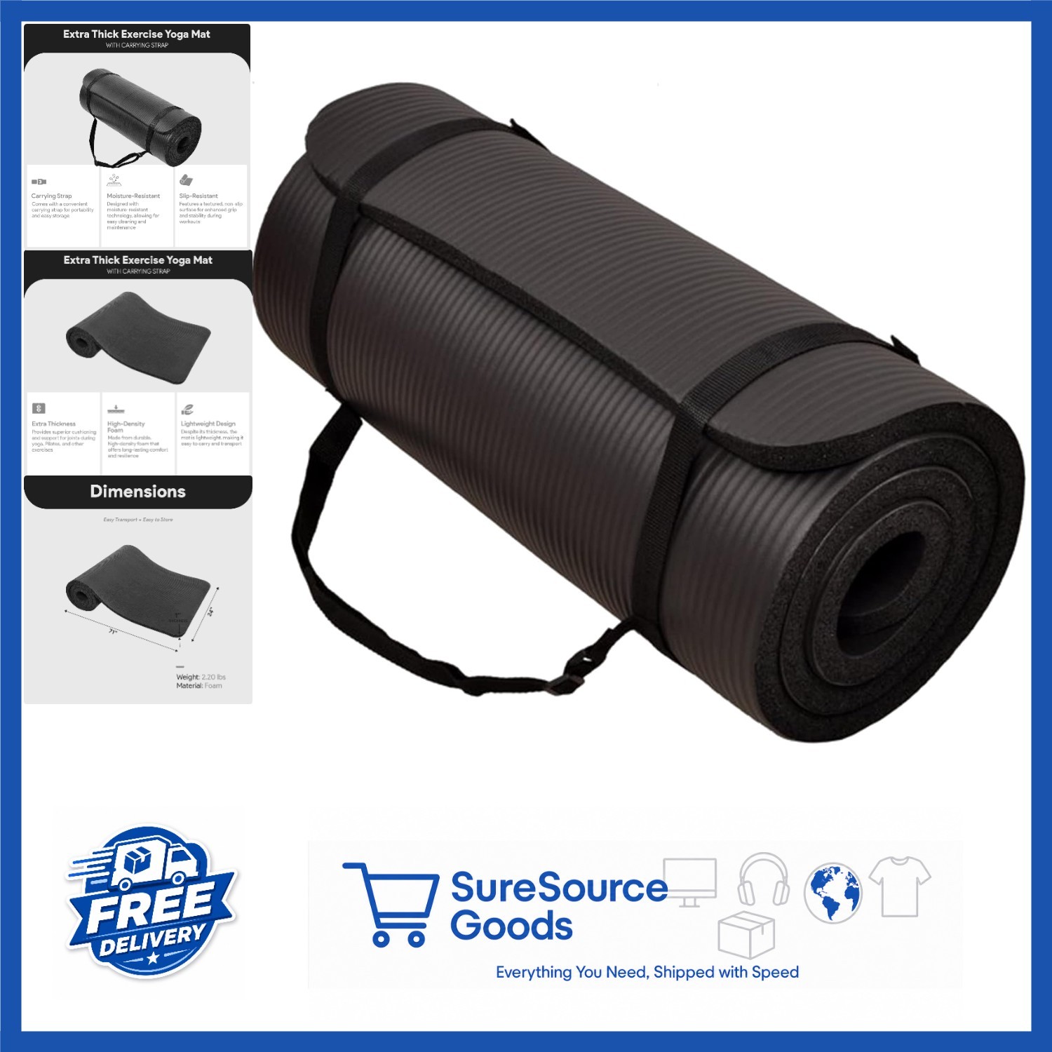 Extra Thick Yoga Mat 71″x24″ Anti-Tear Foam with Carrying Strap for Exercises
