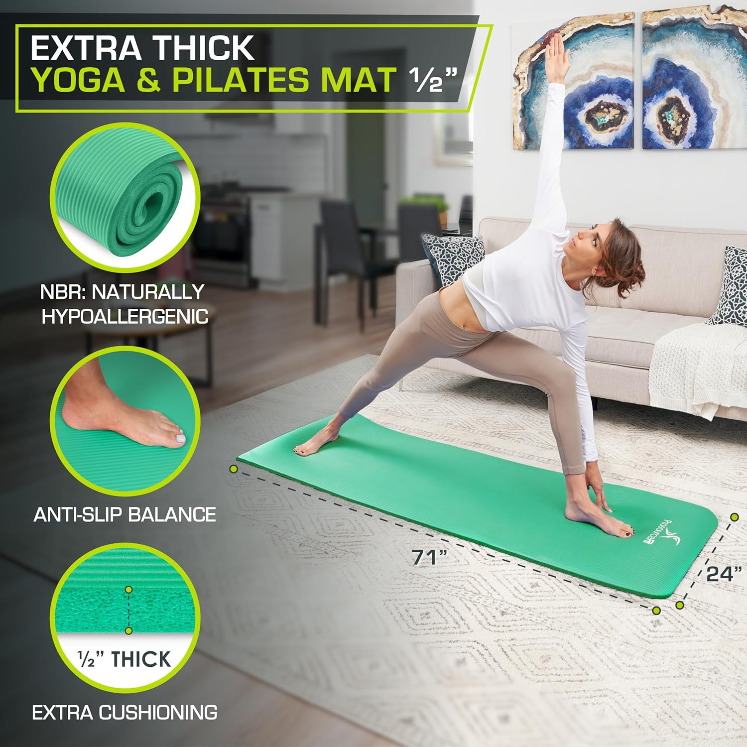 Extra Thick Yoga and Pilates Mat ½” (13Mm), 71-Inch Long High Density Exercise M