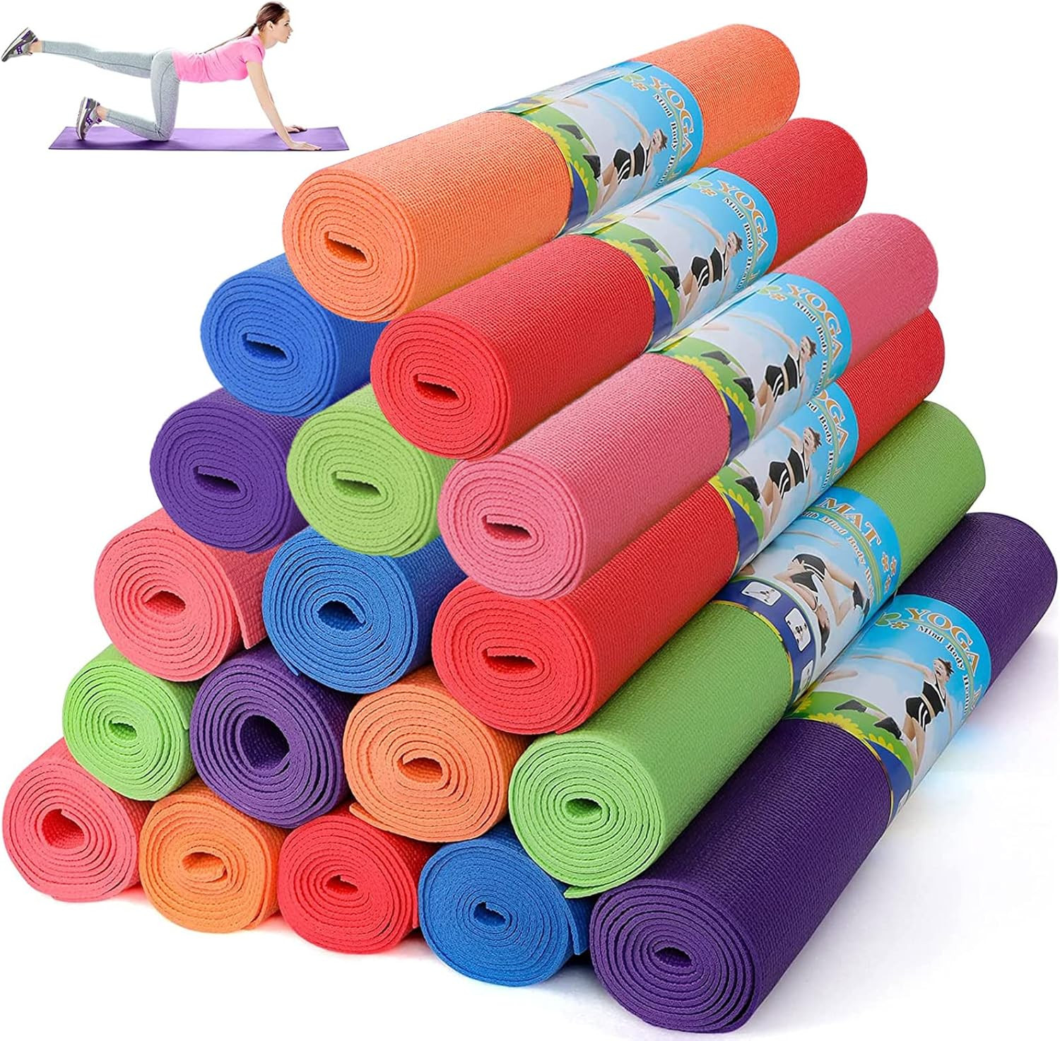 Bulk 18 Non-Slip Yoga Mats for Home Gym – 6 Colors, 68″x24″ Fitness Mats