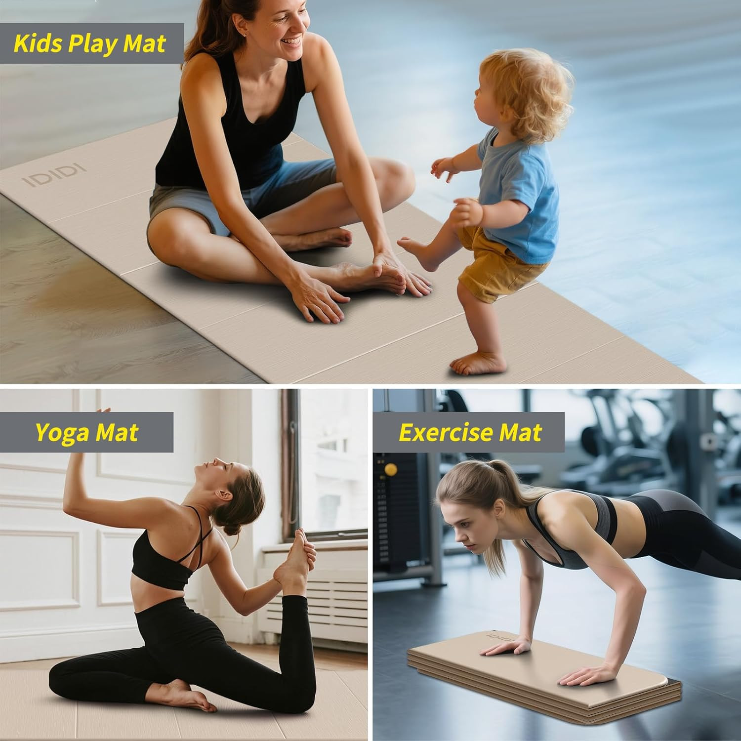 Foldable Extra Large Yoga Mat 74″×31.5″, 8Mm Double-Sided Non Slip Lightweight F