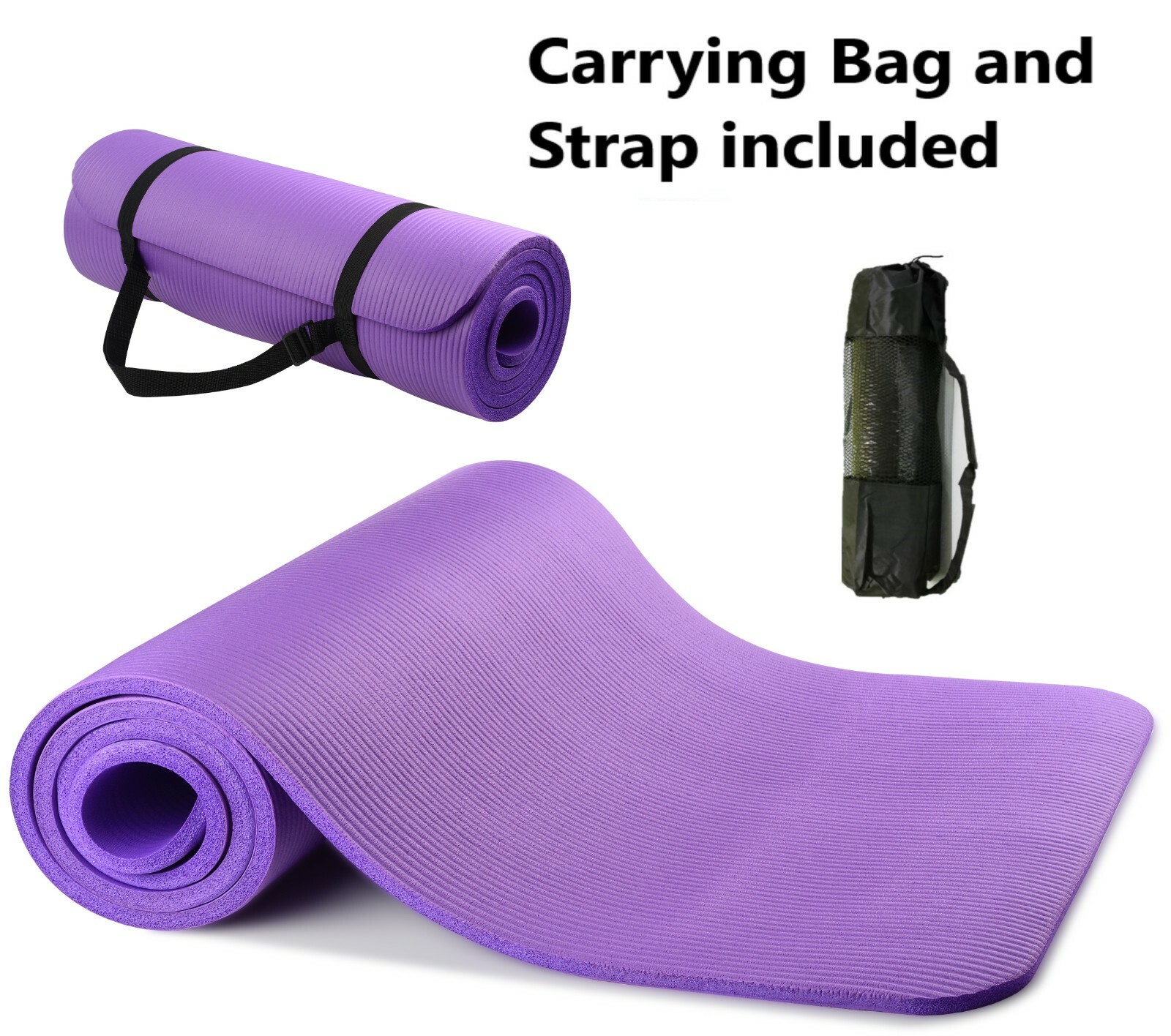 Purple All Purpose Exercise Mat Thick Non Slip Gym Yoga Pilate Fitness Bag Strap