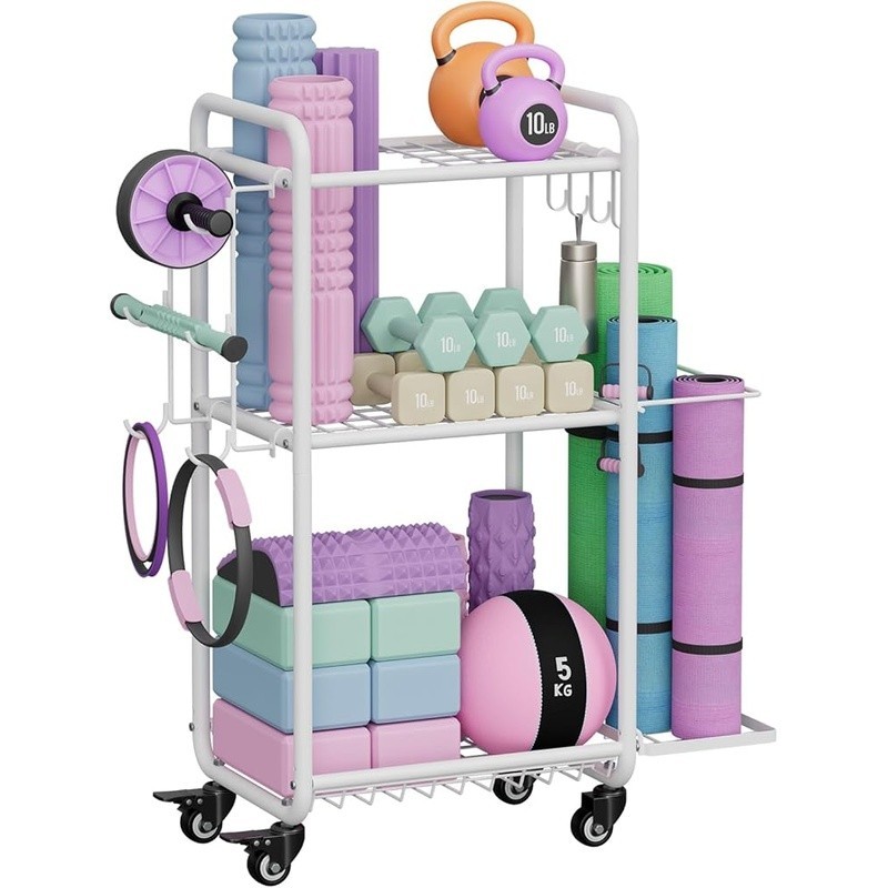 Heavy Duty Yoga Mat Storage Rack 3 Tier Home Gym Organizer W/ Wheels Hooks New