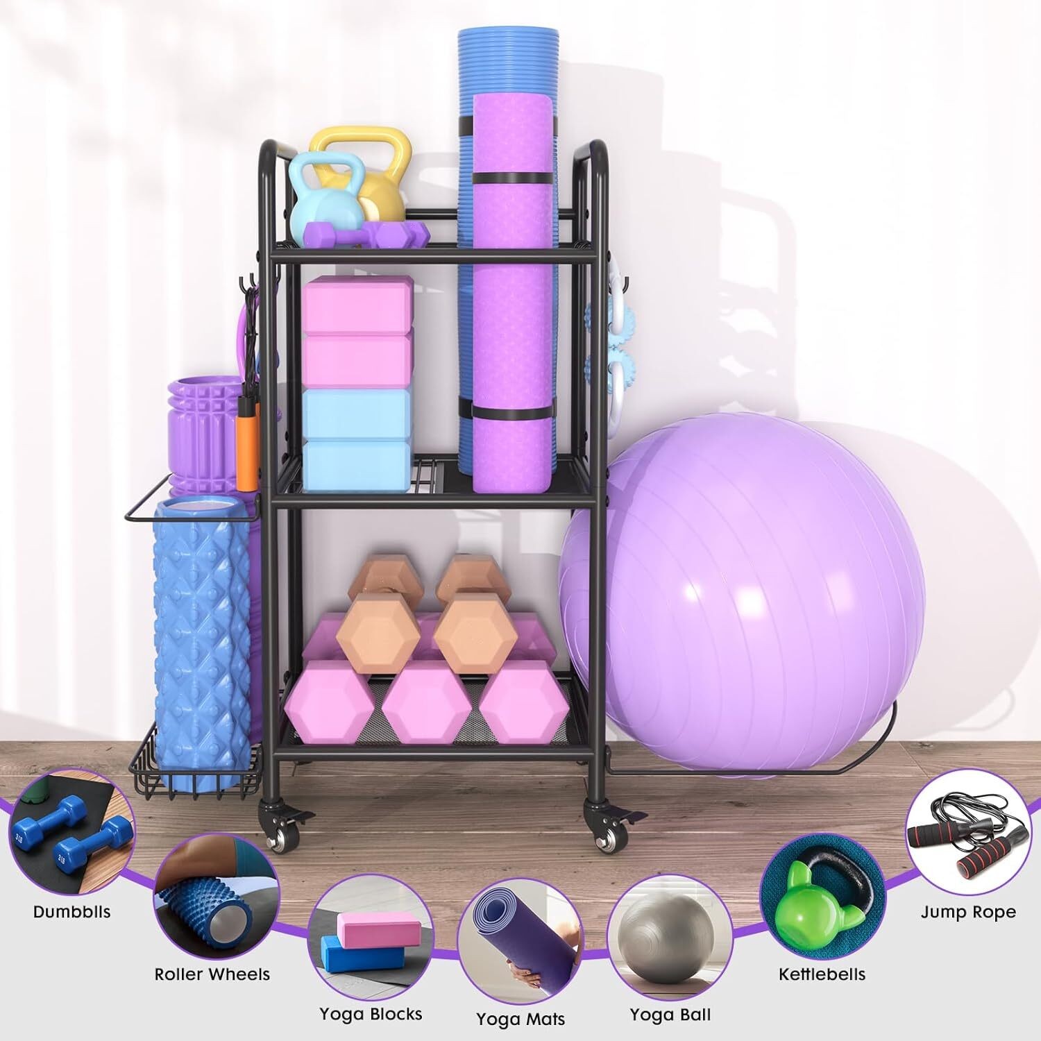 Home Gym Storage Rack Exercise Equipment Storage Organizer for Yoga Mat Dumbbell