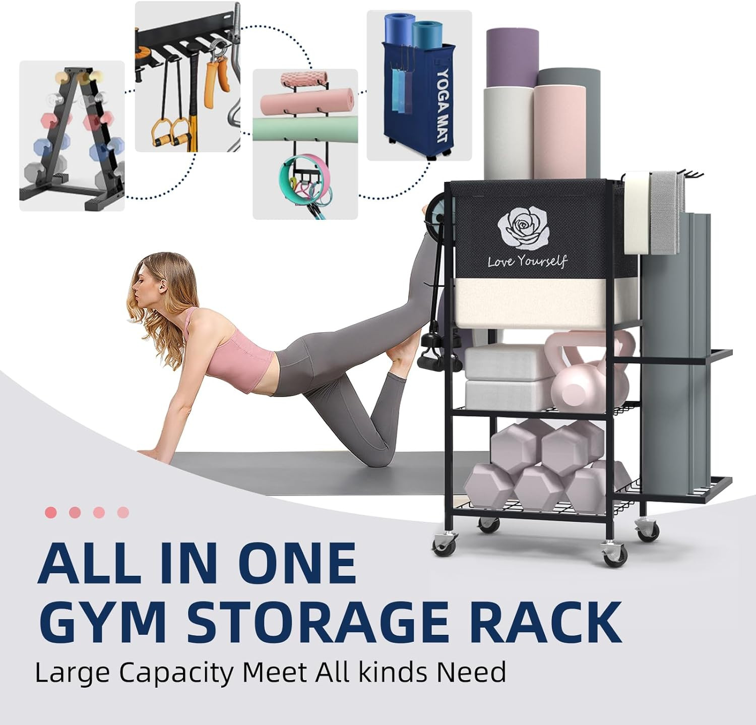 Yoga Mat Storage Rack on Wheels – Home Gym Organizer for Workout Accessories