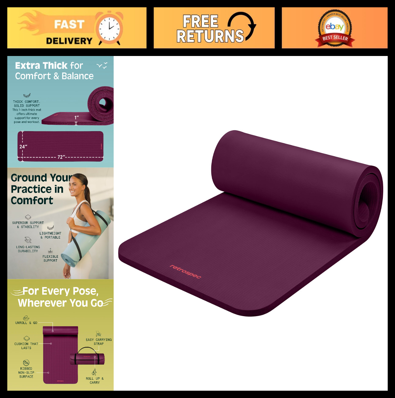 Thick Non-Slip Yoga Mat with Nylon Strap for Home Fitness, Pilates & Stretching