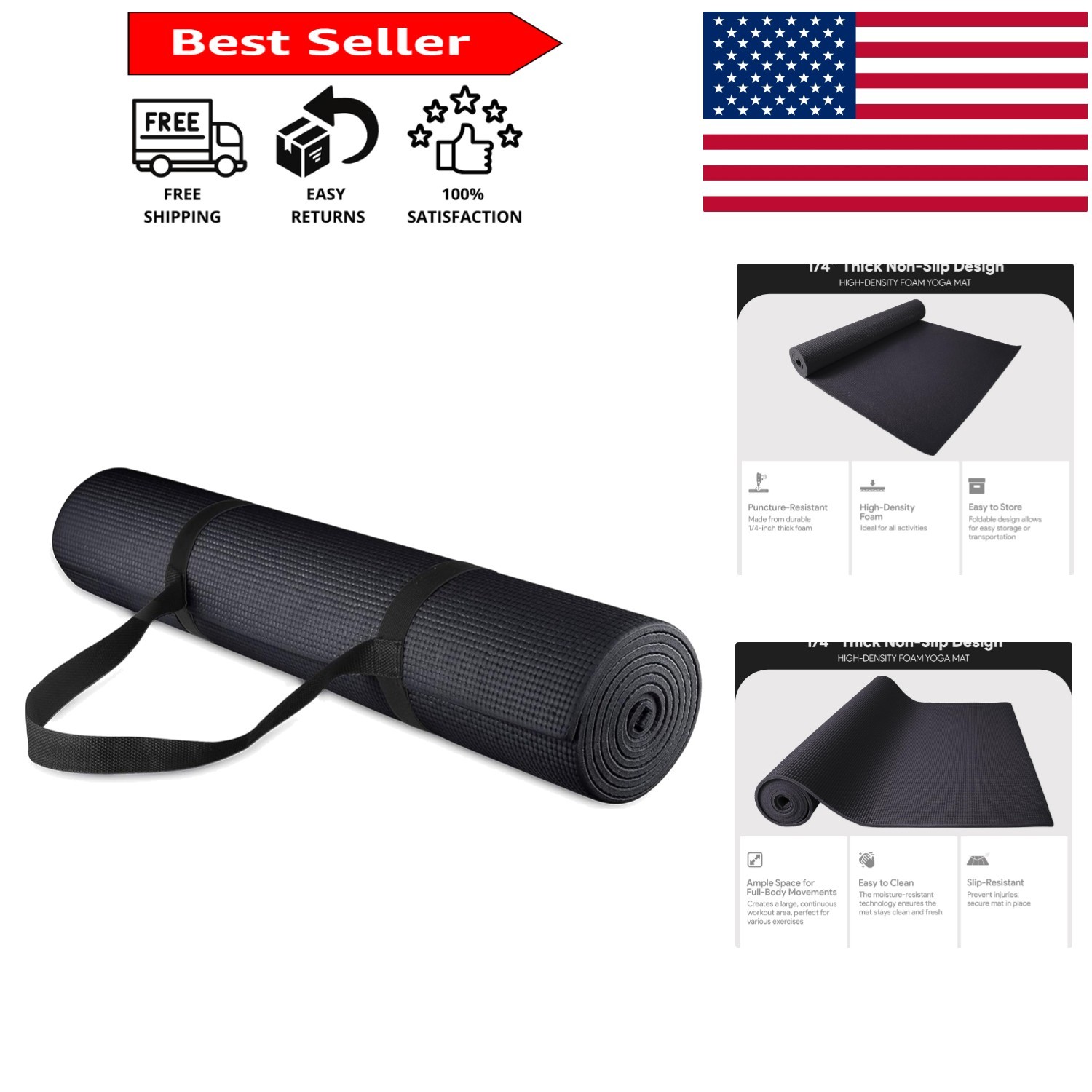 Durable Non-Slip 1/4-Inch Yoga Mat with Carry Strap – Perfect for All Exercises