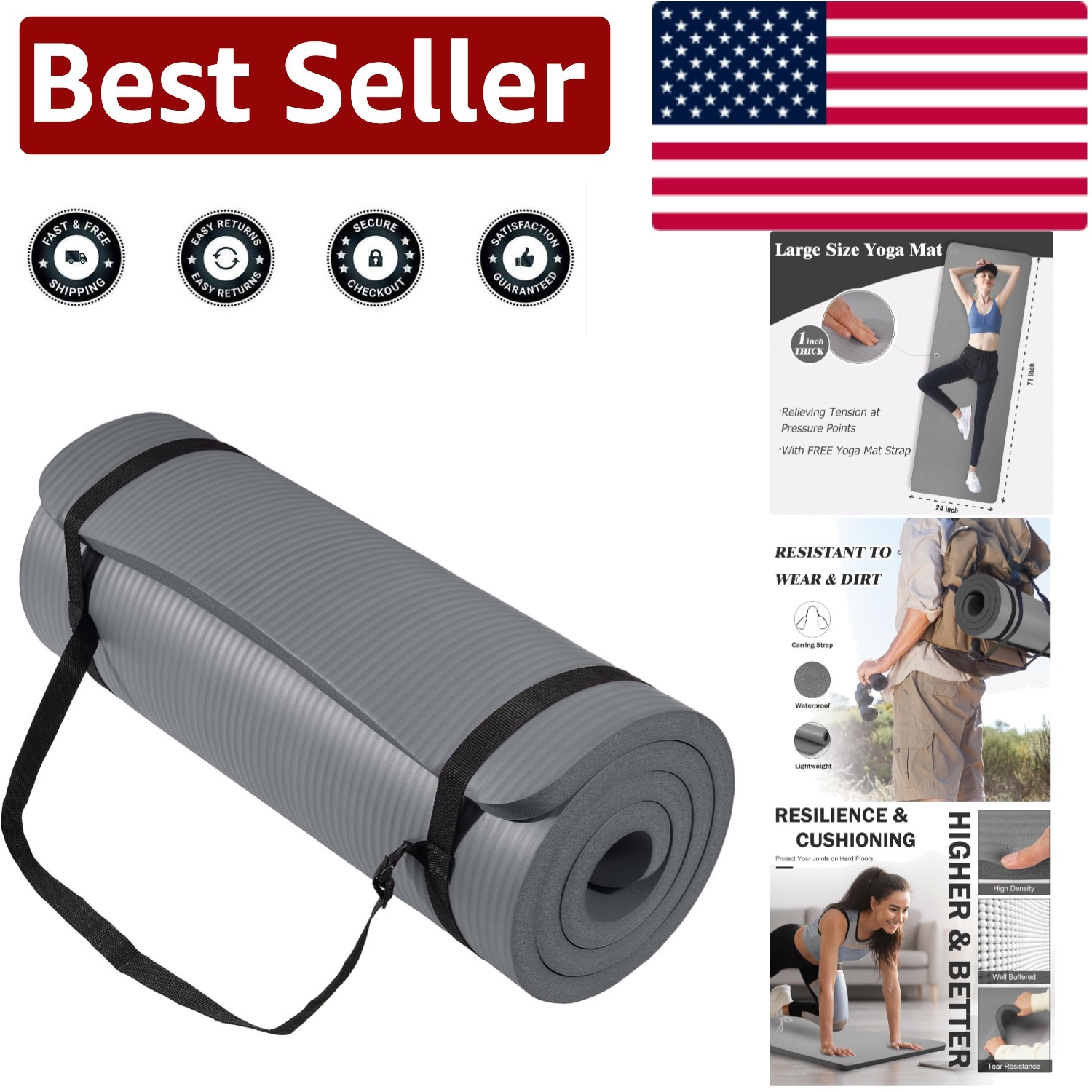 1-Inch High-Density Yoga Mat 71×24″ – Non-Slip & Portable Roll-Up Design