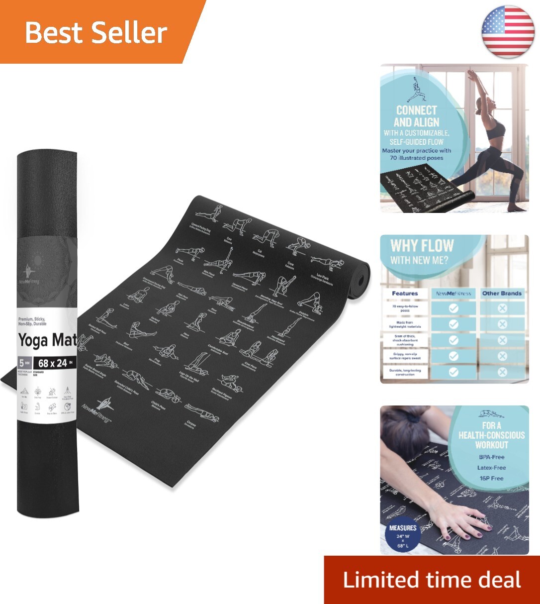 Ample 68-Inch Yoga Mat – 5mm Thick Non-Slip with 70 Printed Poses for All Levels