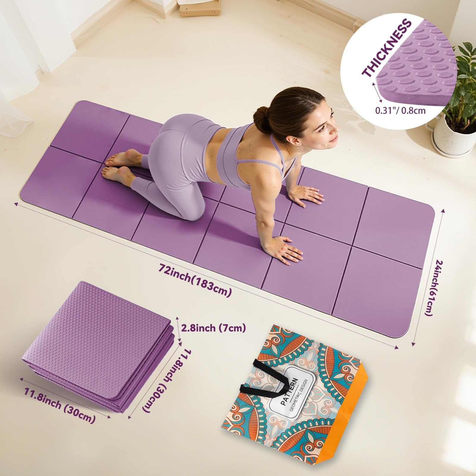 Foldable Yoga Mat Thick NonSlip Packable Travel Fitness Mat With Carry Bag