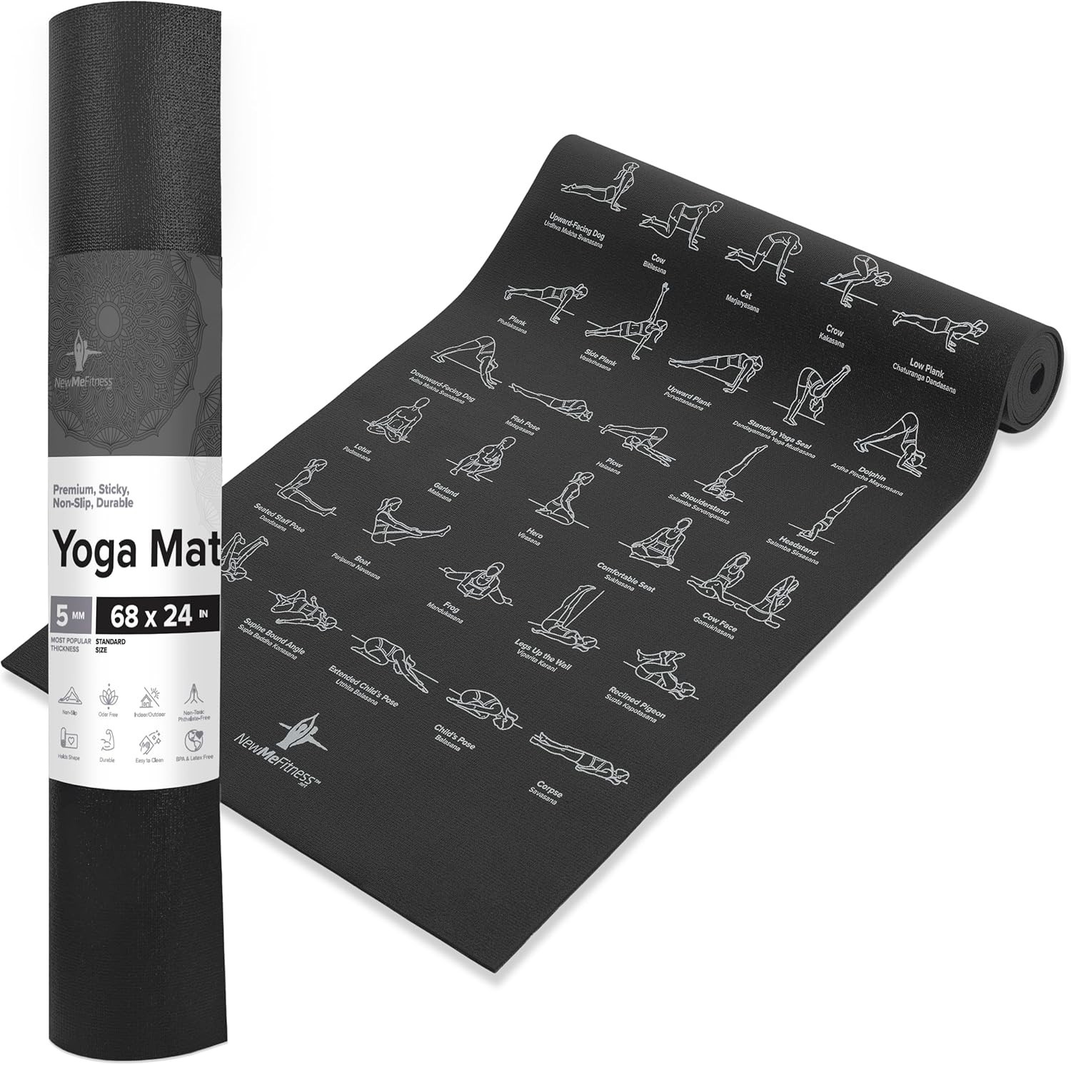 Ultimate 5mm Non-Slip Yoga Mat – 68″ with Illustrated Poses for Beginners