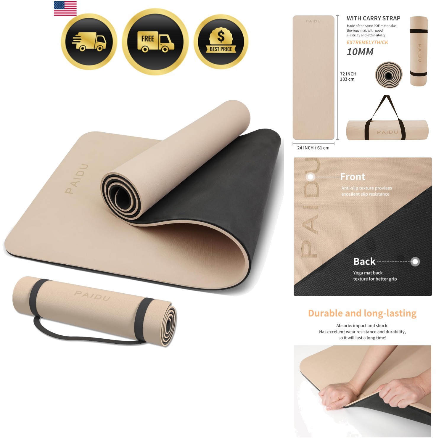 Yoga Mat Non Slip Anti-tear,extra thick-2/5 inch（10MM）High Resiliency Profess…