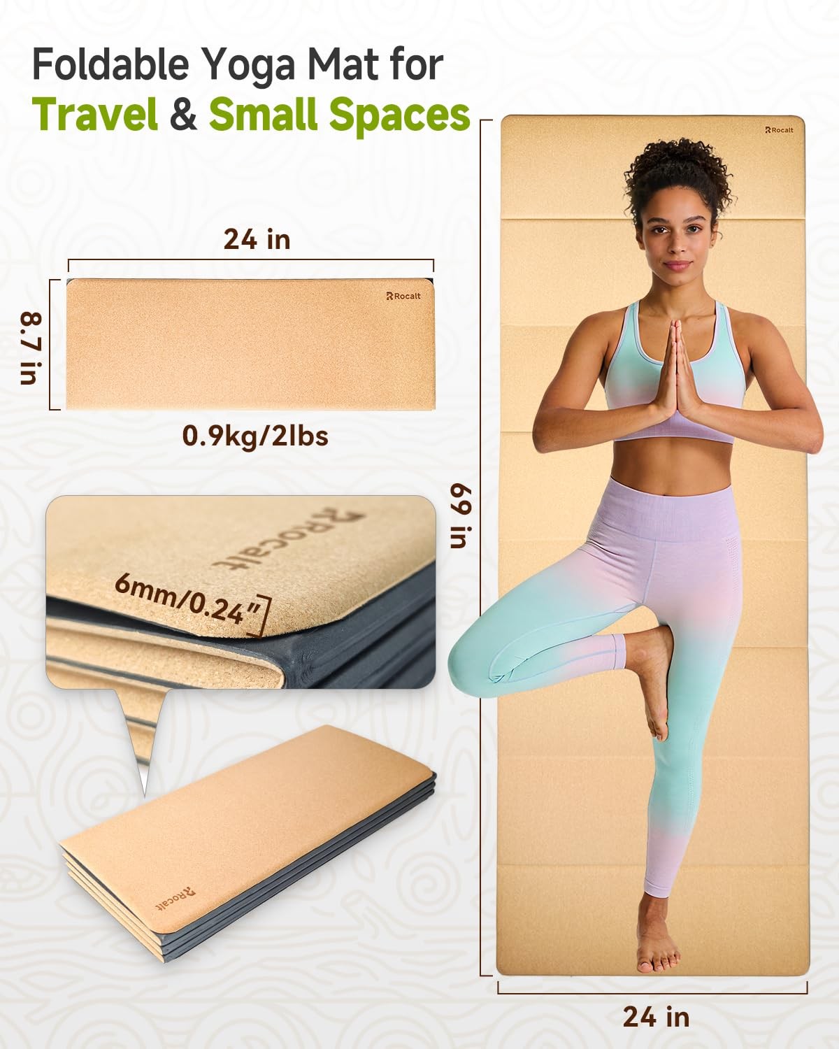 Foldable Cork Yoga Mat for Travel, Non Slip Lightweight Yoga Mat with Carry S…
