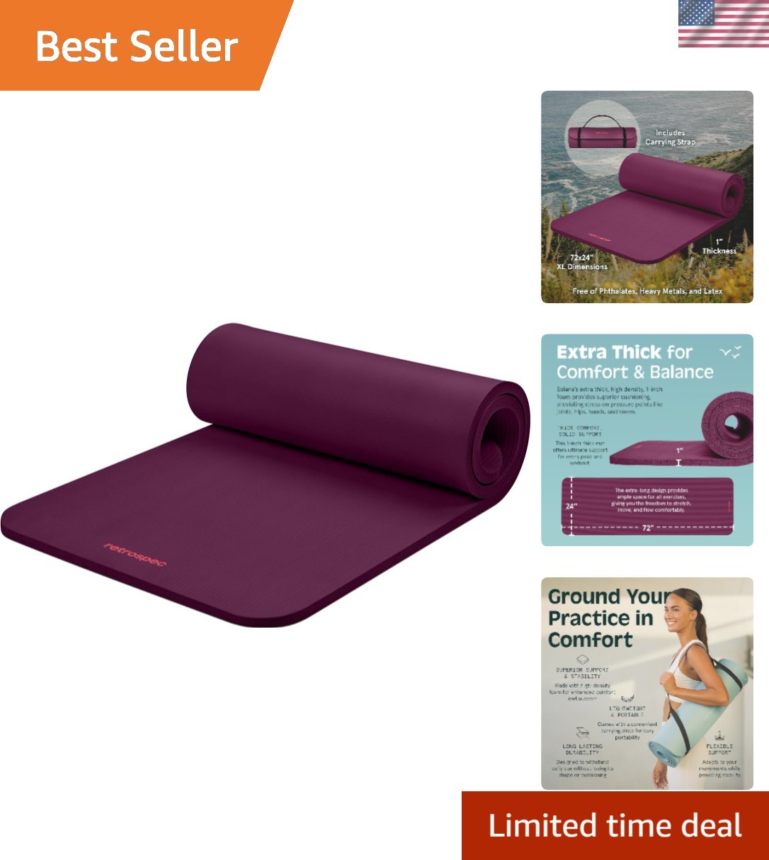 Luxurious Solana 1″ Thick Non-Slip Yoga Mat with Carry Strap – Boysenberry
