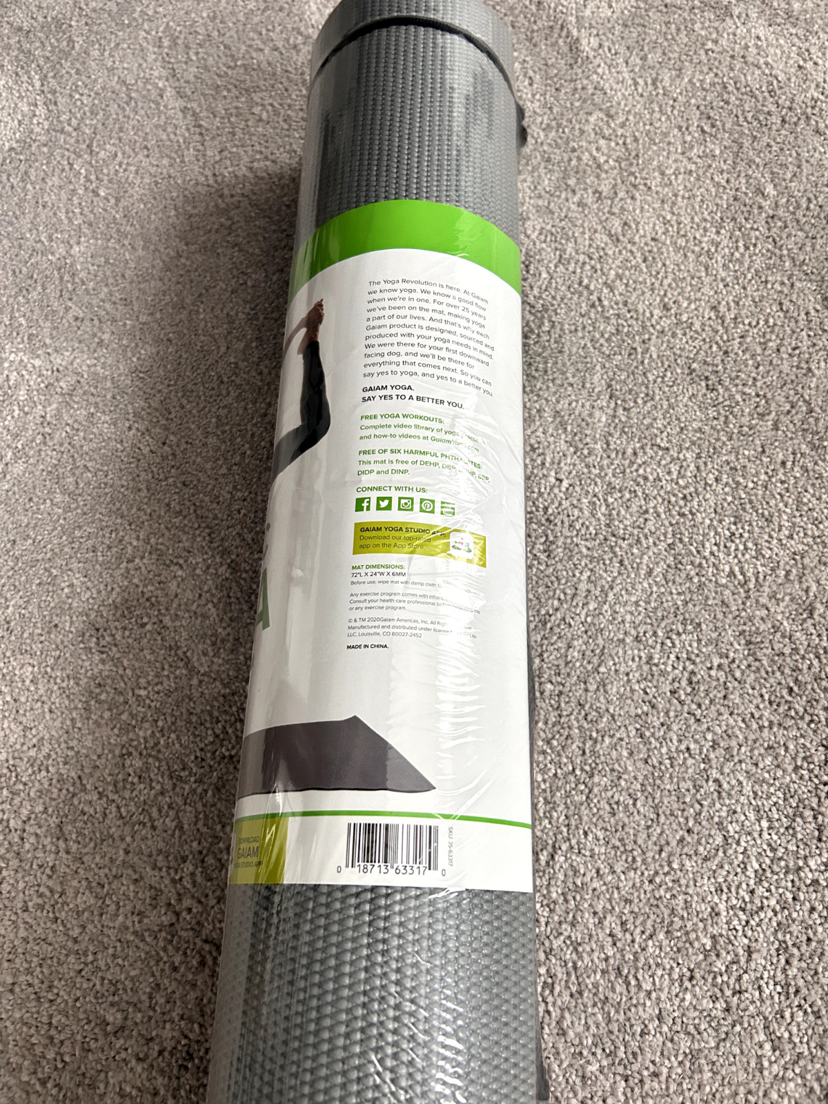 Gaiam Essentials Premium Yoga Mat With Yoga Mat Carrier Sling, 72 L X 24 W X 1/4