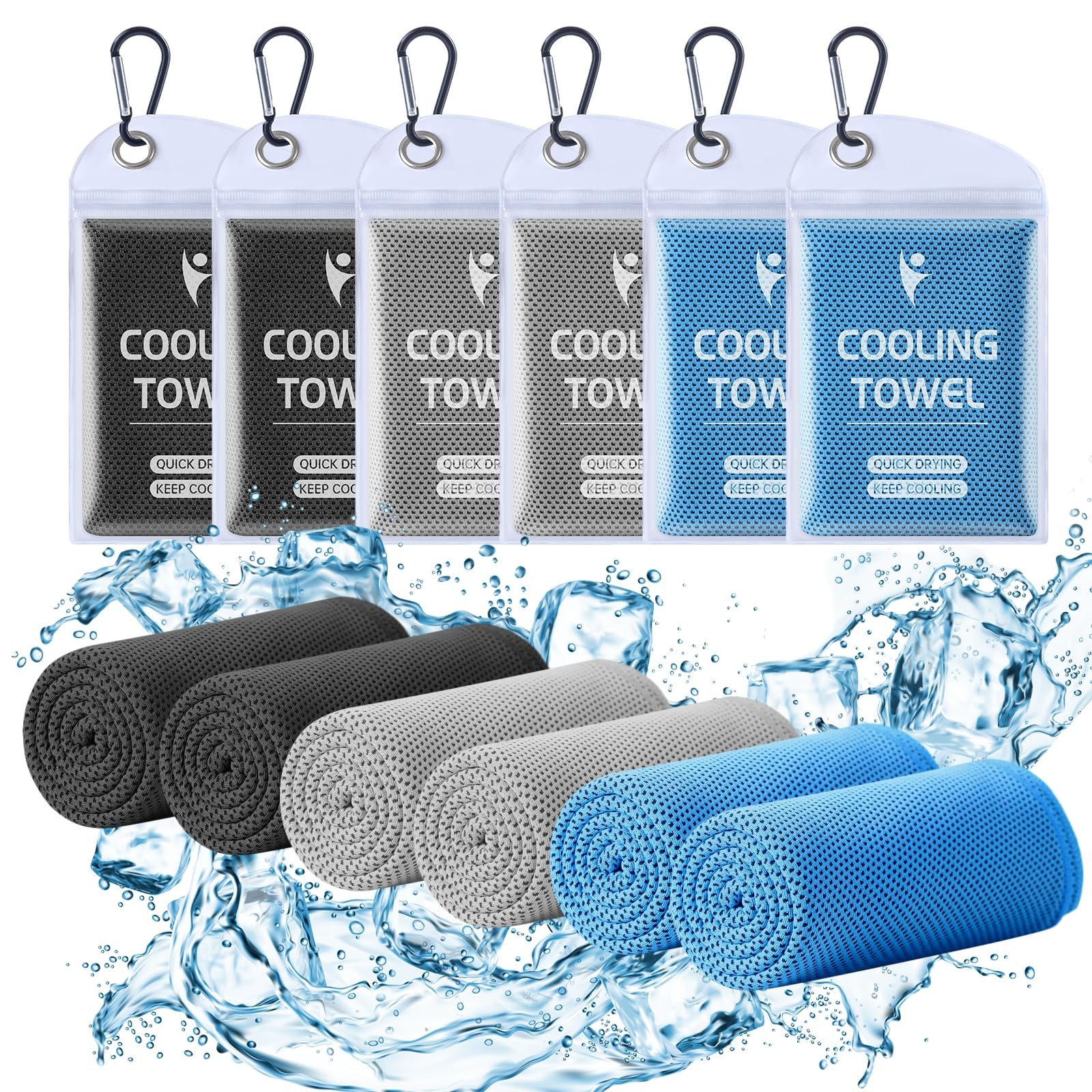 Clothirily Cooling Towels (40″x12″), One Size, 2 Black/2 Dark Grey/2 Blue