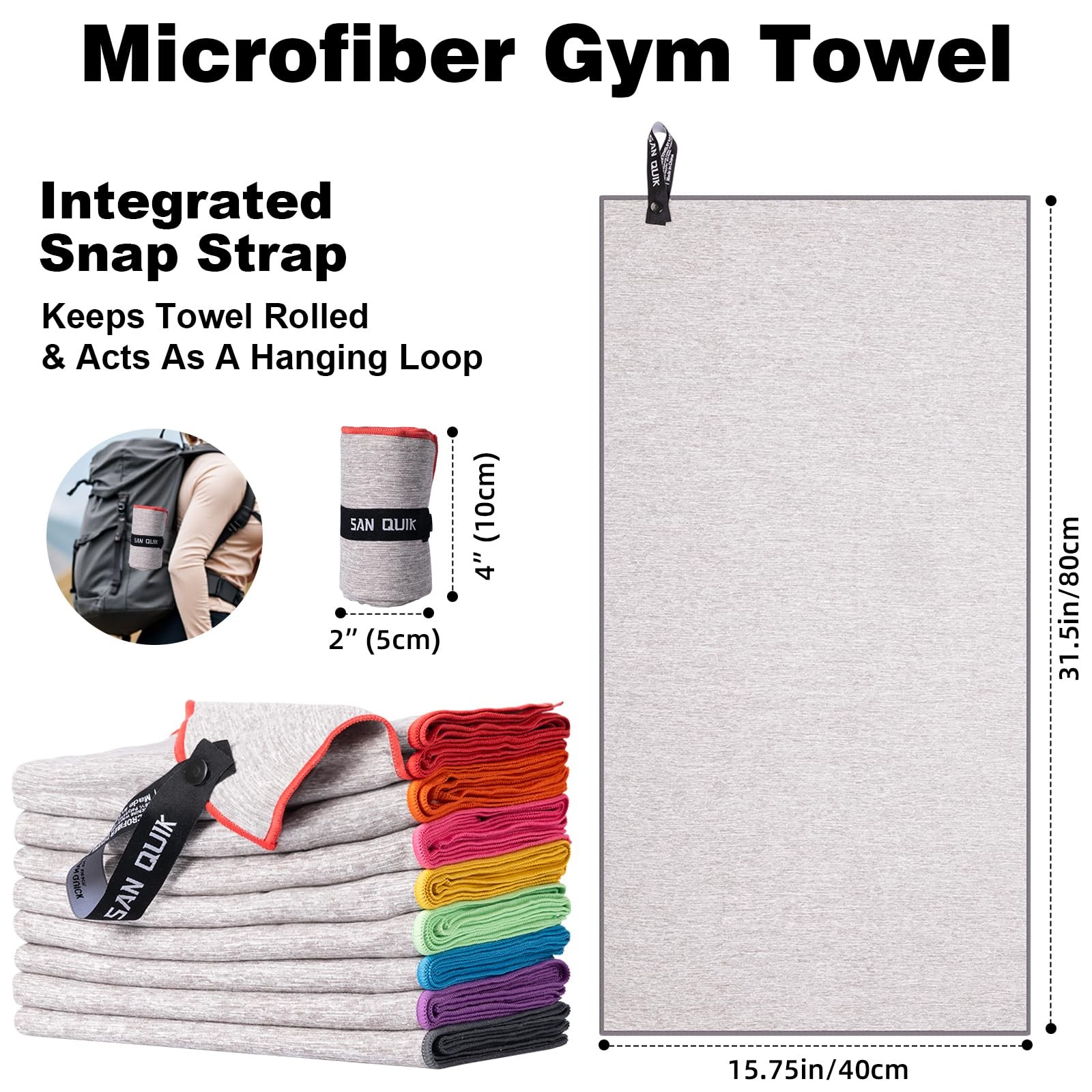 San Quik Microfiber Gym Towels 8 Pack Quick Dry Silver Ion Odor-Free Sweat