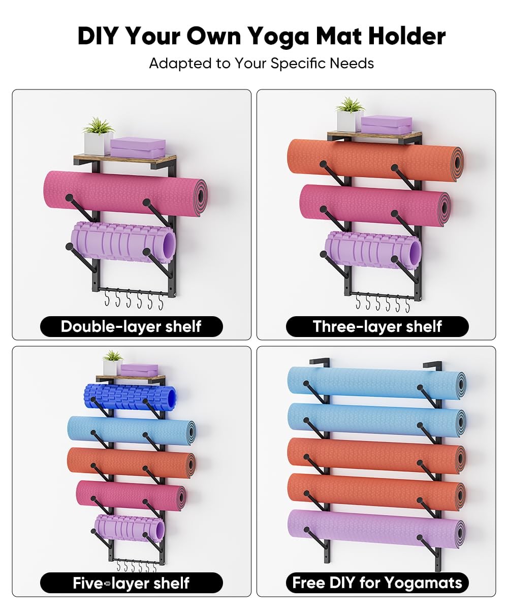 5 Tiers Yoga Mat Holder Rack Wall Mount with 6 Hooks for Hanging Accessory Yo…