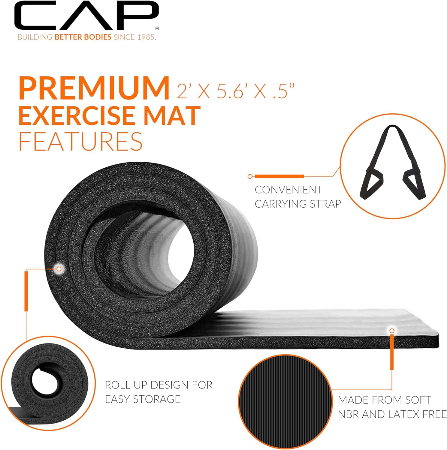 CAP Barbell 1/2-Inch High Density Exercise Yoga Mat with Strap | Multiple Option