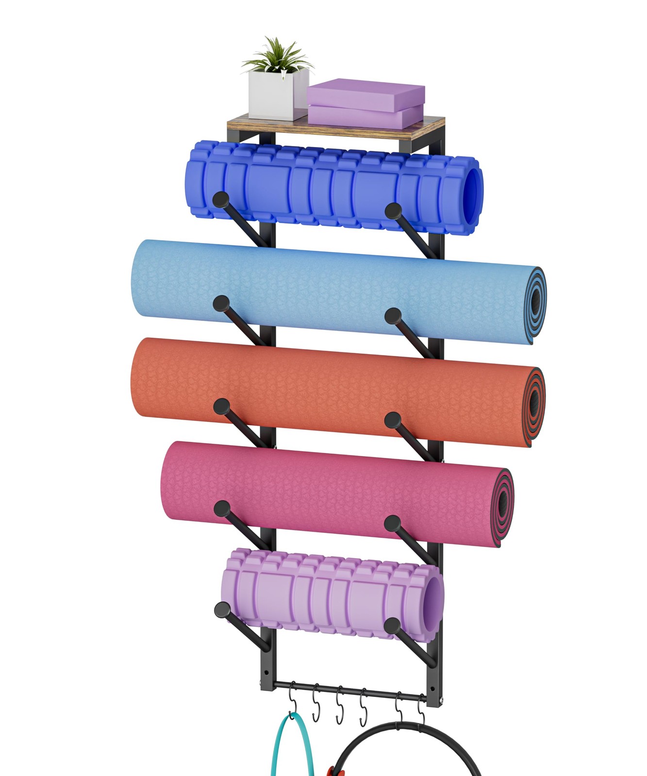 5 Tiers Yoga Mat Holder Rack Wall Mount with 6 Hooks for Hanging Accessory Yo…