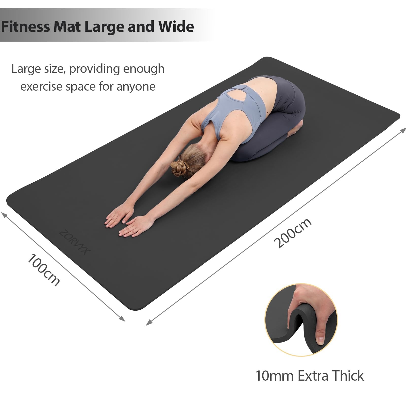 Yoga Mat Thick XXL 200×100cm TPE 10mm Thick Sports Mat Non Slip Comfortable for …