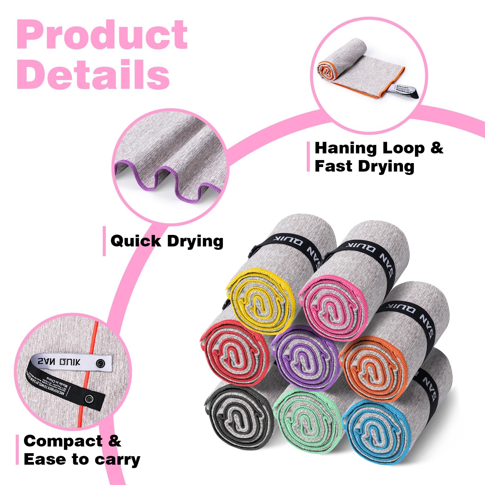 San Quik Microfiber Gym Towels 8 Pack Quick Dry Silver Ion Odor-Free Sweat