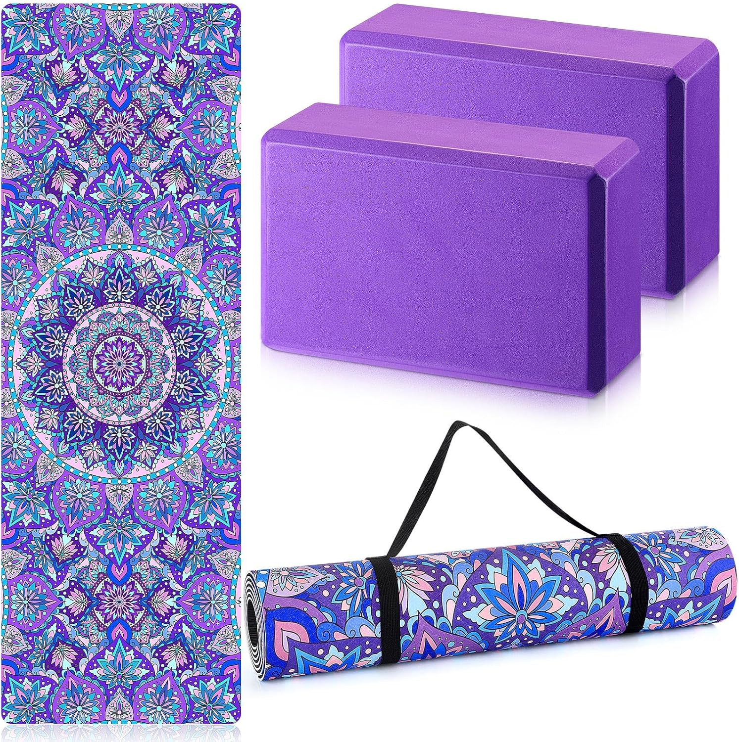 3 Pcs Yoga Mat Yoga Block with Carrying Strap Non Slip Yoga Mat Travel Yoga Mat