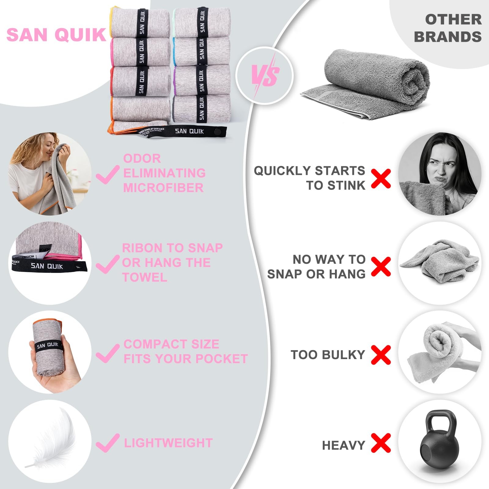 San Quik Microfiber Gym Towels 8 Pack Quick Dry Silver Ion Odor-Free Sweat