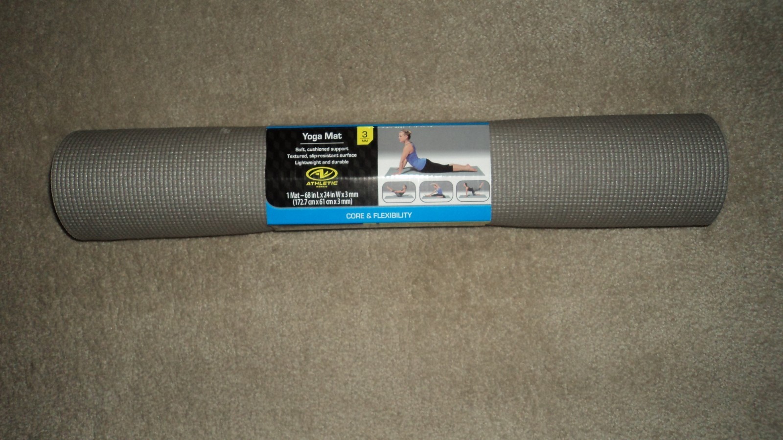 Athletic Works Yoga Mat Steel Gray 68″ x 24″ x 3mm Soft Cushioned Support – New