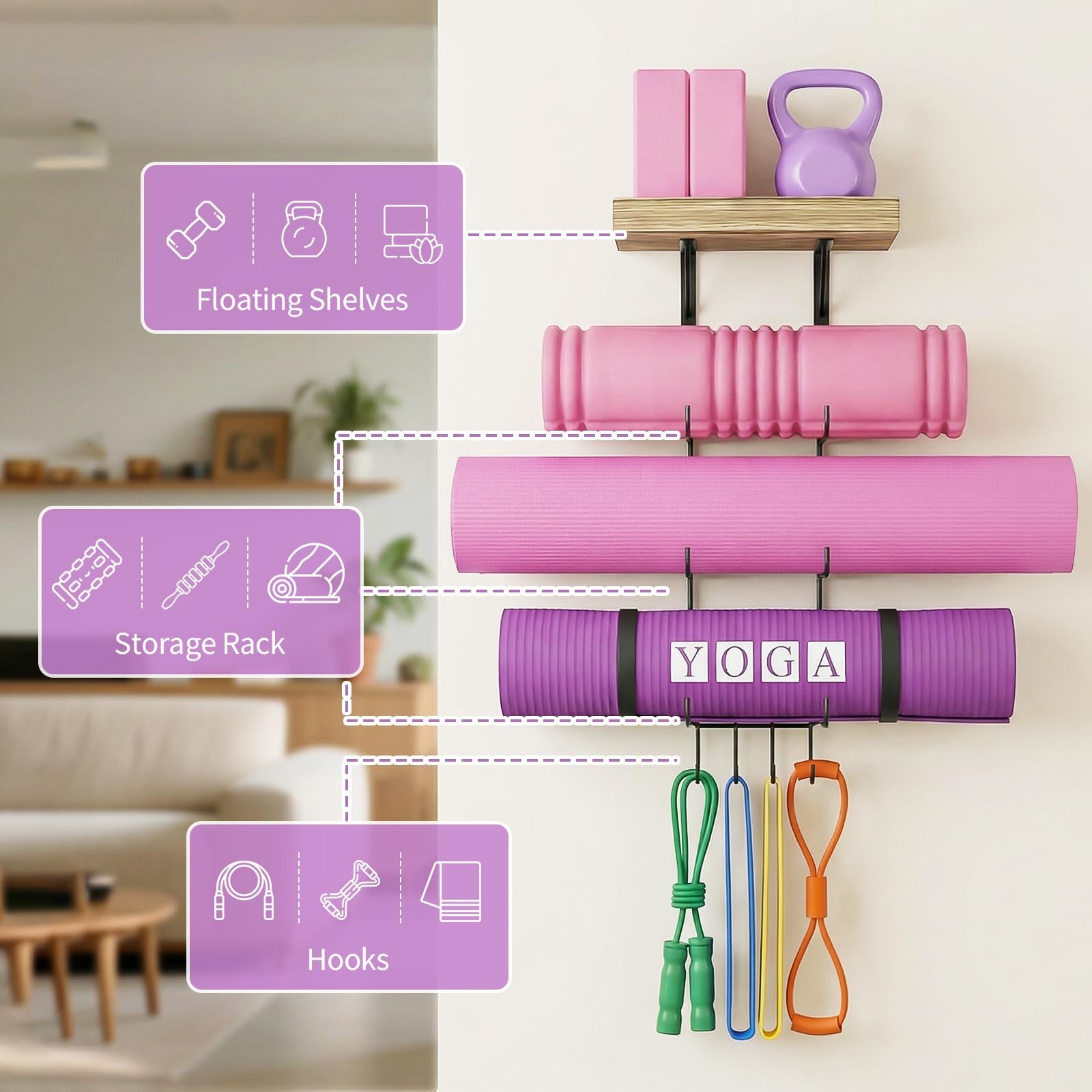 Yoga Mat Holder Wall Mount Yoga Mat Storage Home Gym Accessories with Wood Fl…