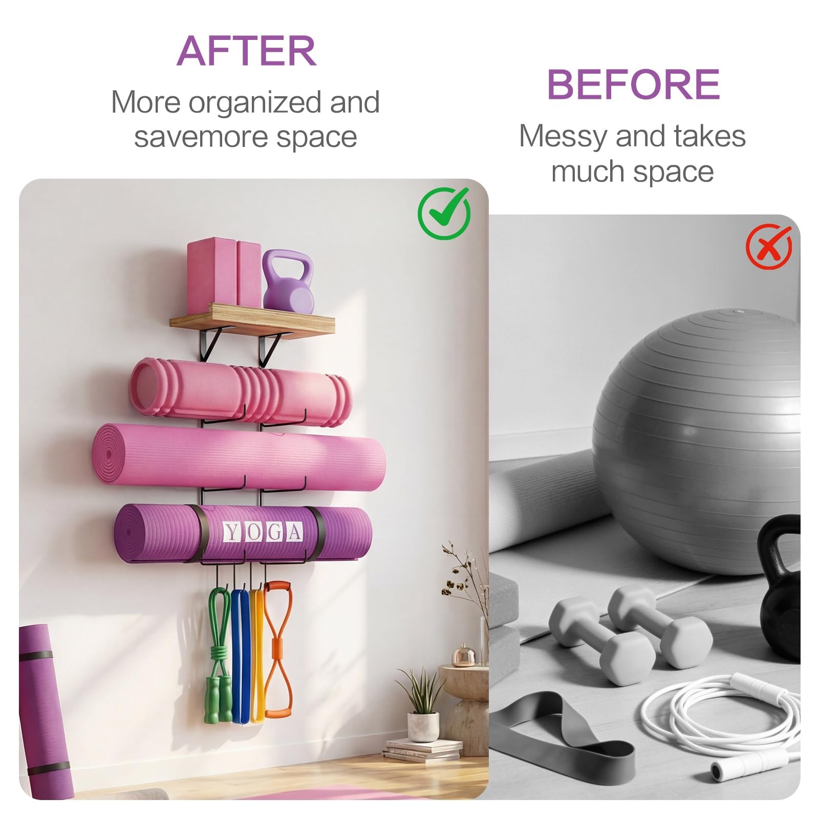 Yoga Mat Holder Wall Mount Yoga Mat Storage Home Gym Accessories with Wood Fl…