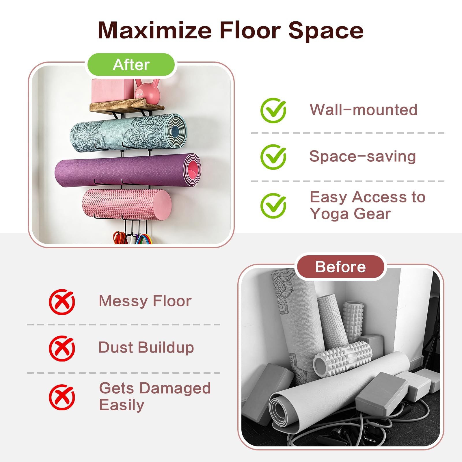 Yoga Mat Holder Accessories Wall Mount Organizer Storage Decor Foam Roller an…