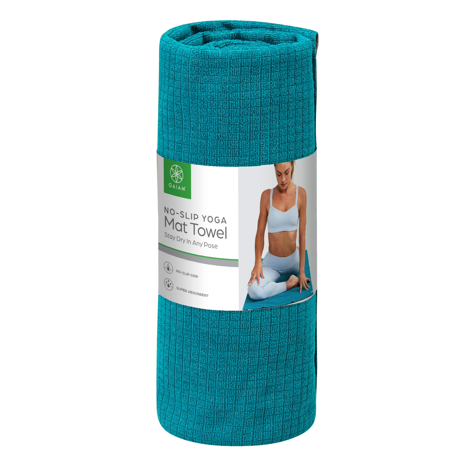 Gaiam No-Slip Yoga/Pilates Mat Towel, Teal and Grey