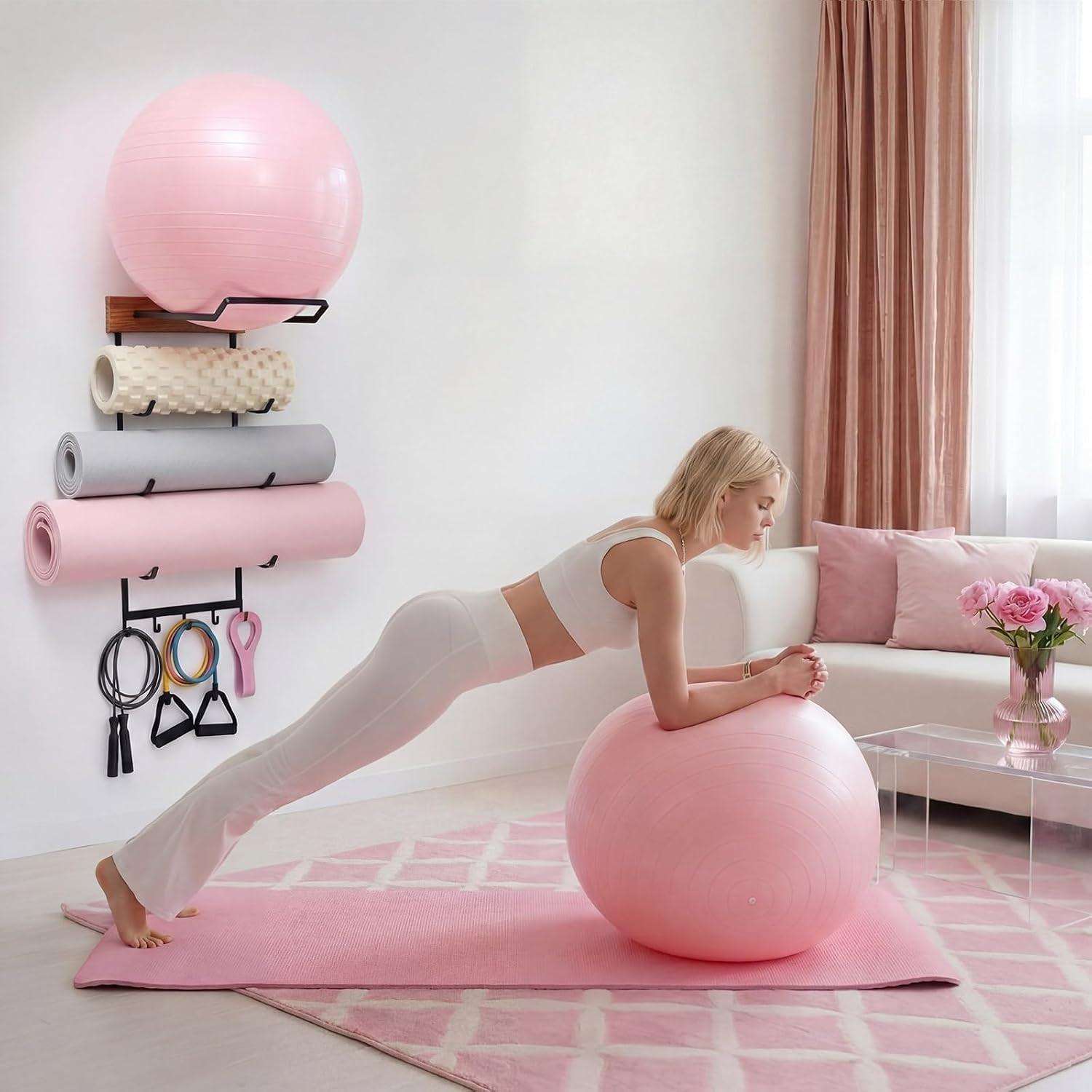 Yoga Mat and Ball Holder Wall Mount, 4-Tier Yoga Mat & Ball Storage Rack,