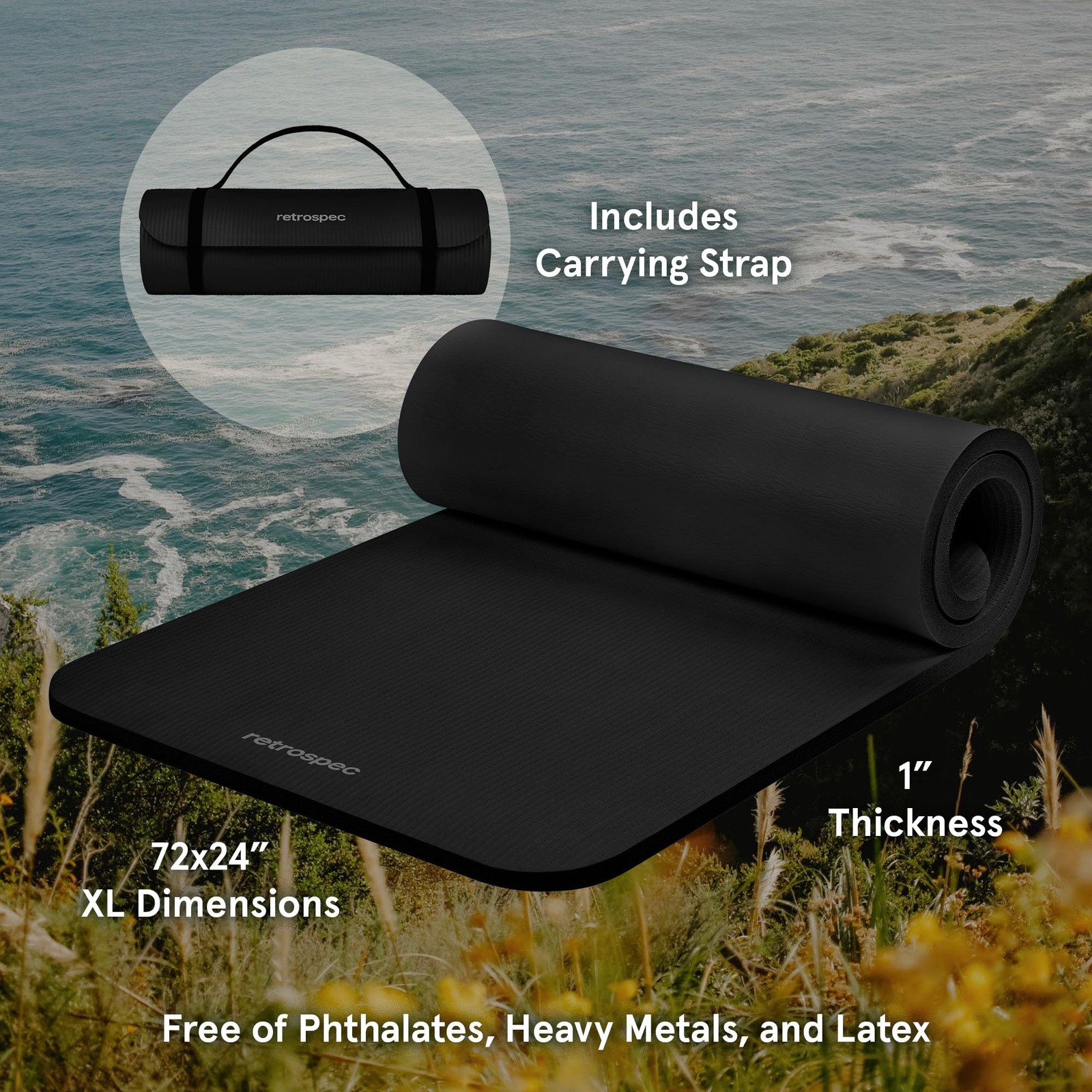 Retrospec Solana Yoga Mat 1″ Thick w/Nylon Strap for Men & 1 inch, Black