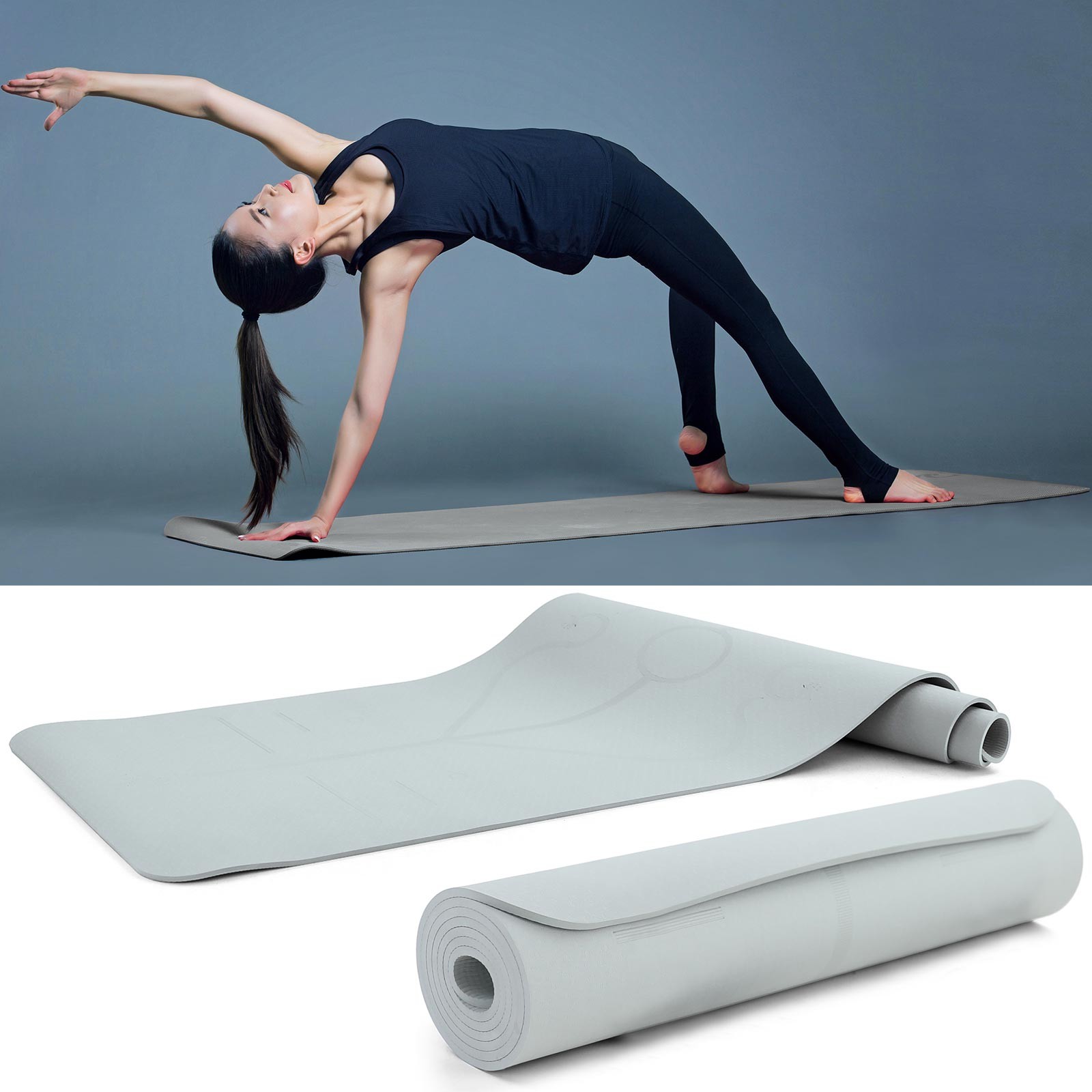 Premium yoga mat with symbols TPE grey 182x61cm also for fitness Pilates