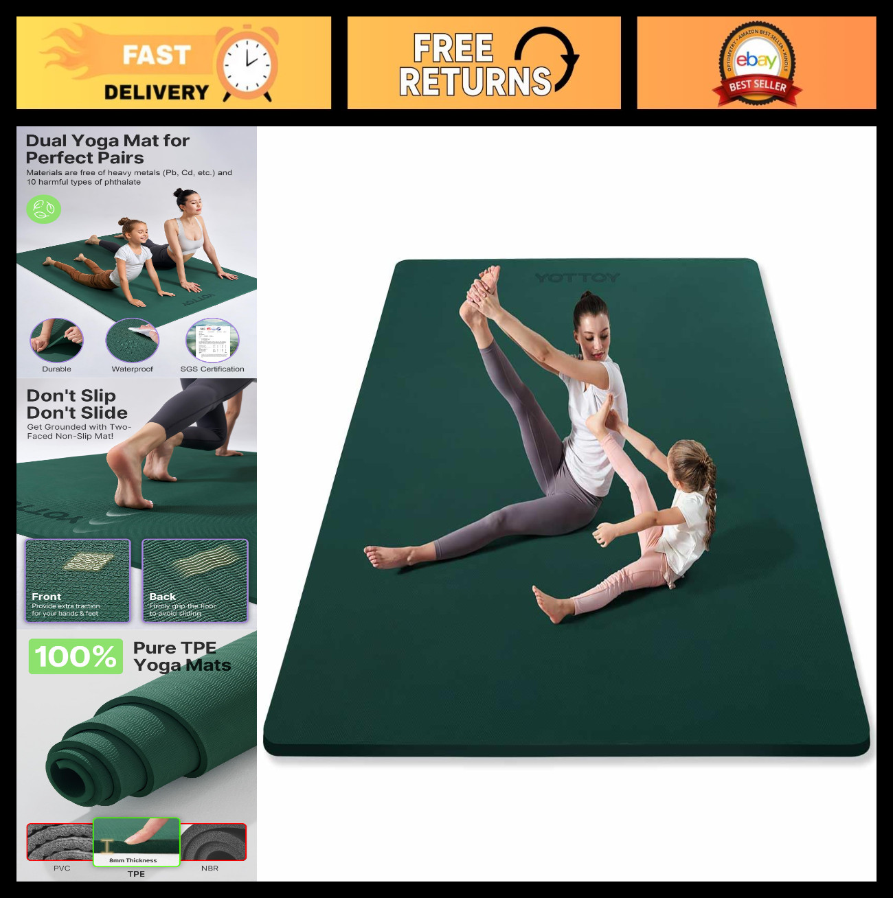 Extra Wide Non-Slip Yoga Mat 75″x52″x1/2″ – TPE Exercise Mat for Pilates & Home