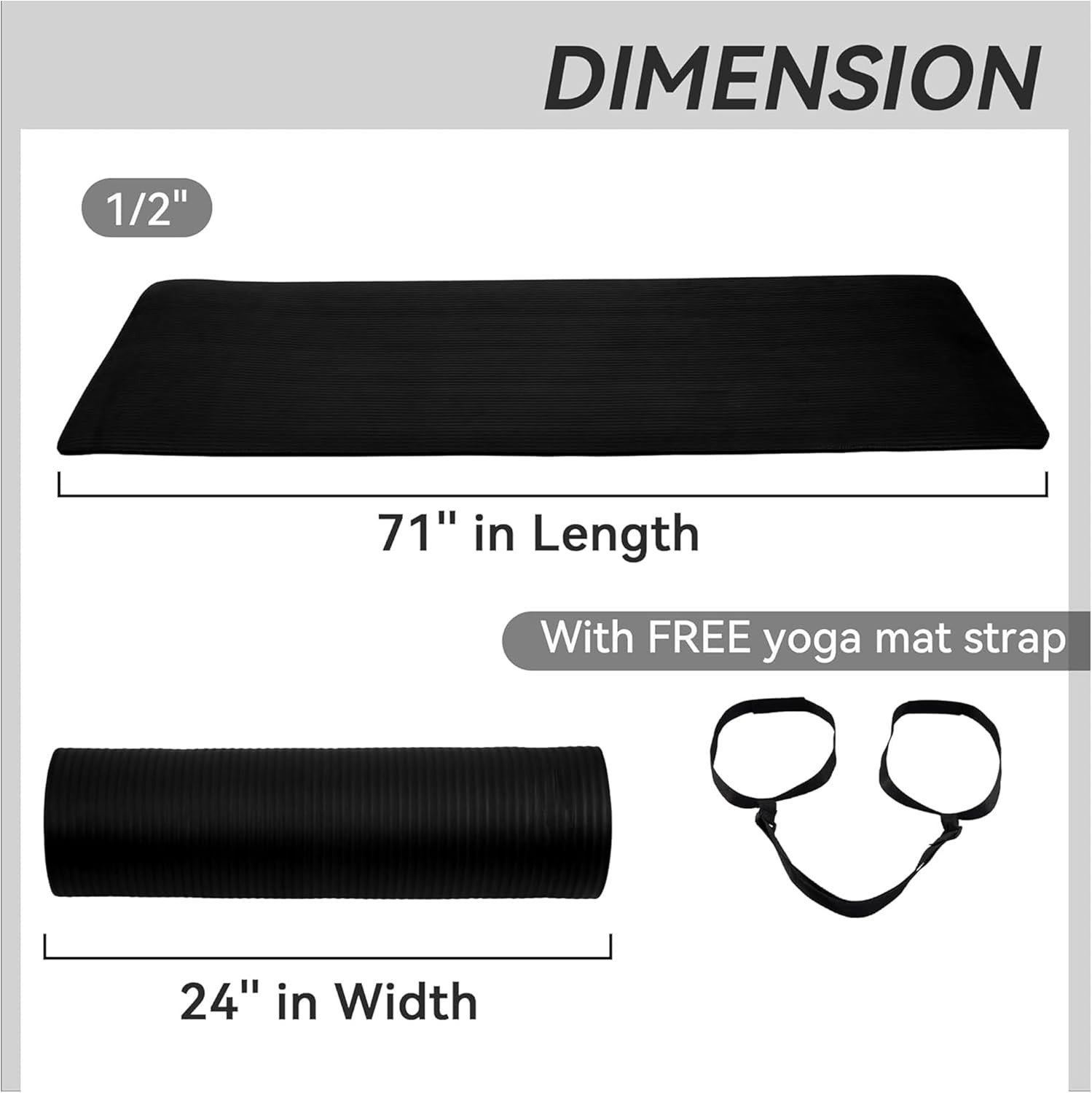 Lightweight Anti-Tear Yoga Mat (71 x 24 inches) with Adjustable Carrying Strap