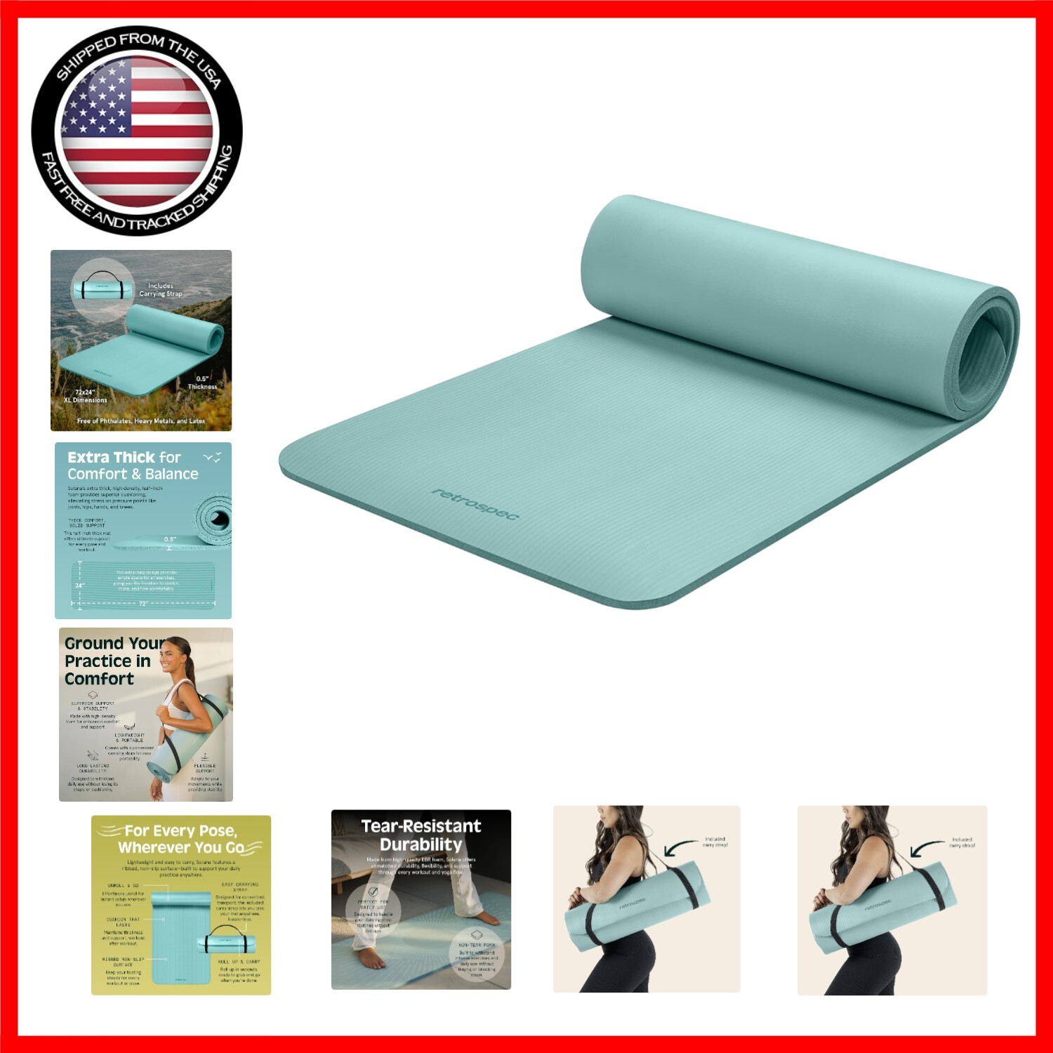 Solana 1/2″ Thick Non-Slip Yoga Mat with Nylon Strap – Ideal for All Workouts