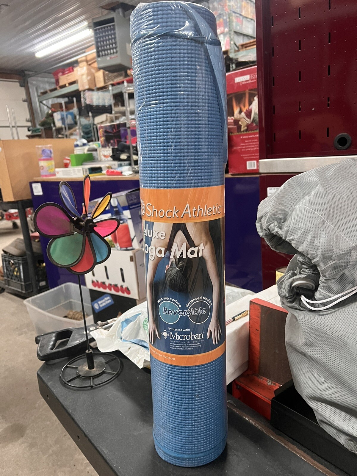 NEW REVERSIBLE YOGA MAT MICROBAN 24” x 68” BLUE ANTIMICROBIAL W/ CARRY STRAP