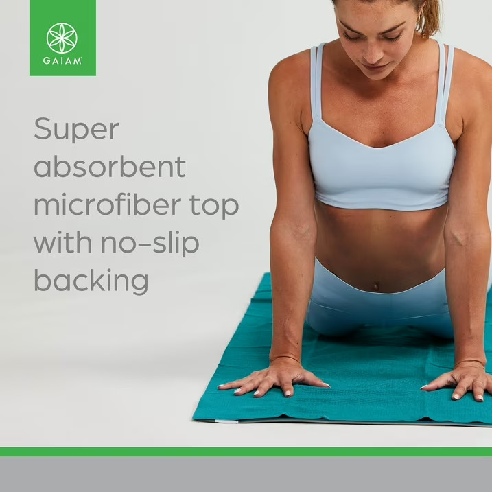 Gaiam No-Slip Yoga/Pilates Mat Towel, Teal and Grey