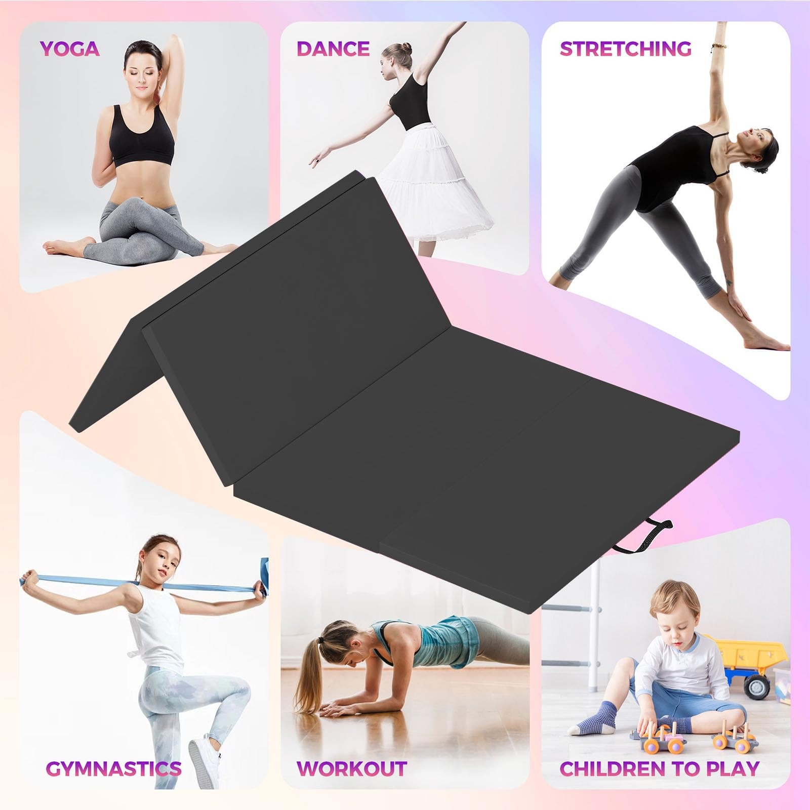 6x2ft Folding Gymnastics Mat 4-Fold Thick Exercise Mat with Handles for Yoga Fit