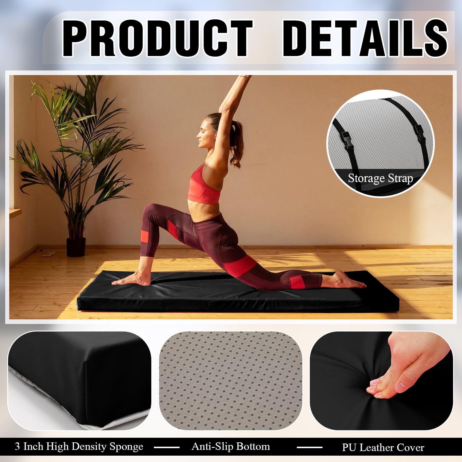3 Inch 72″x 24″ Thick Foldable Yoga Mat with Carry Strap, Non-slip Portable F…
