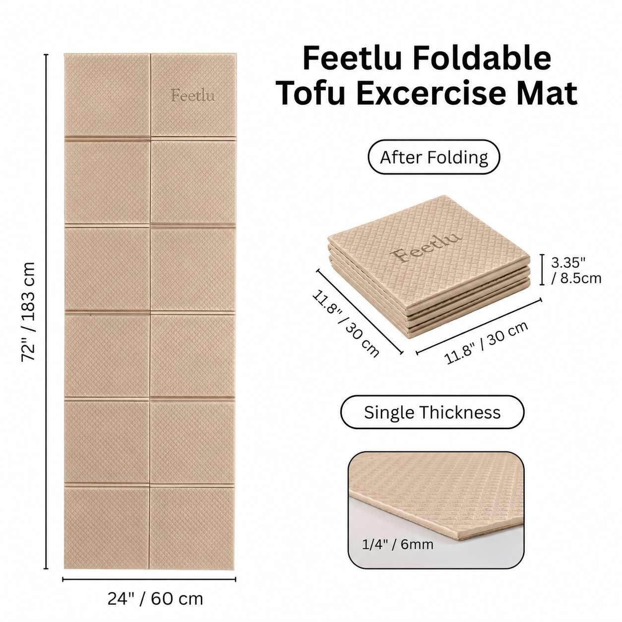 Foldable Yoga Mat, 6mm Thick, 72L x 24W Inch, Lightweight, Anti-Slip, and Eas…