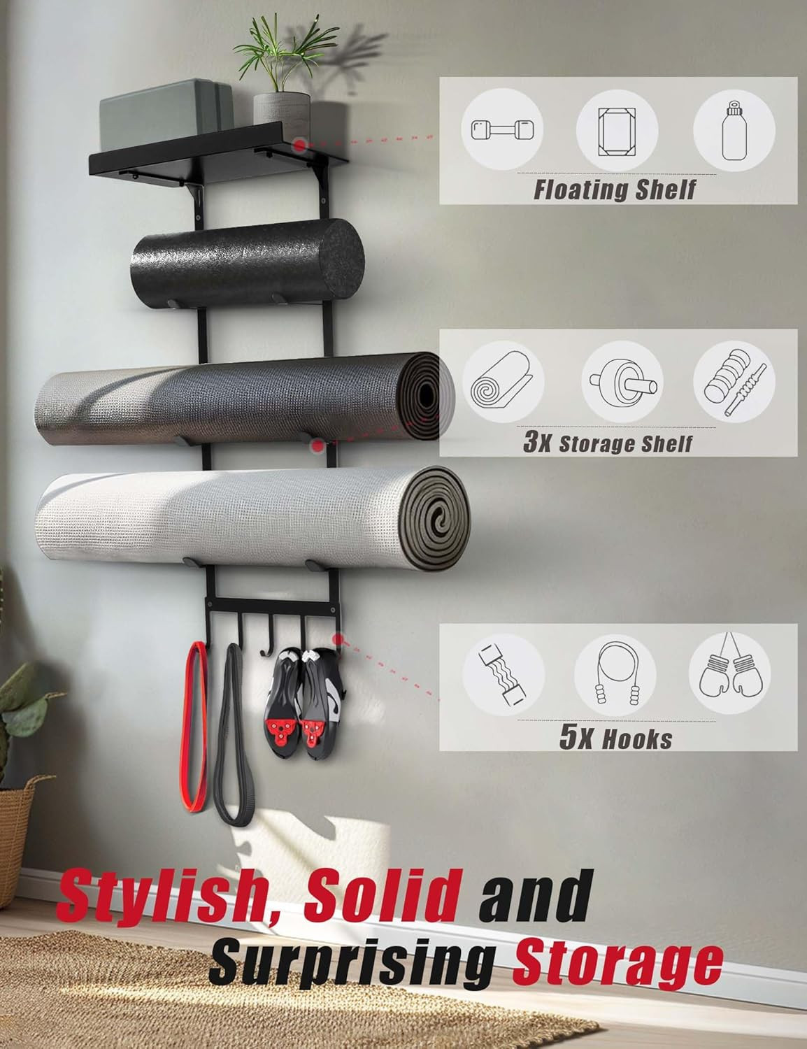 Yoga Mat Holder Wall Mount, Home Gym Storage Rack with Top Floating Shelf, 4-Tie