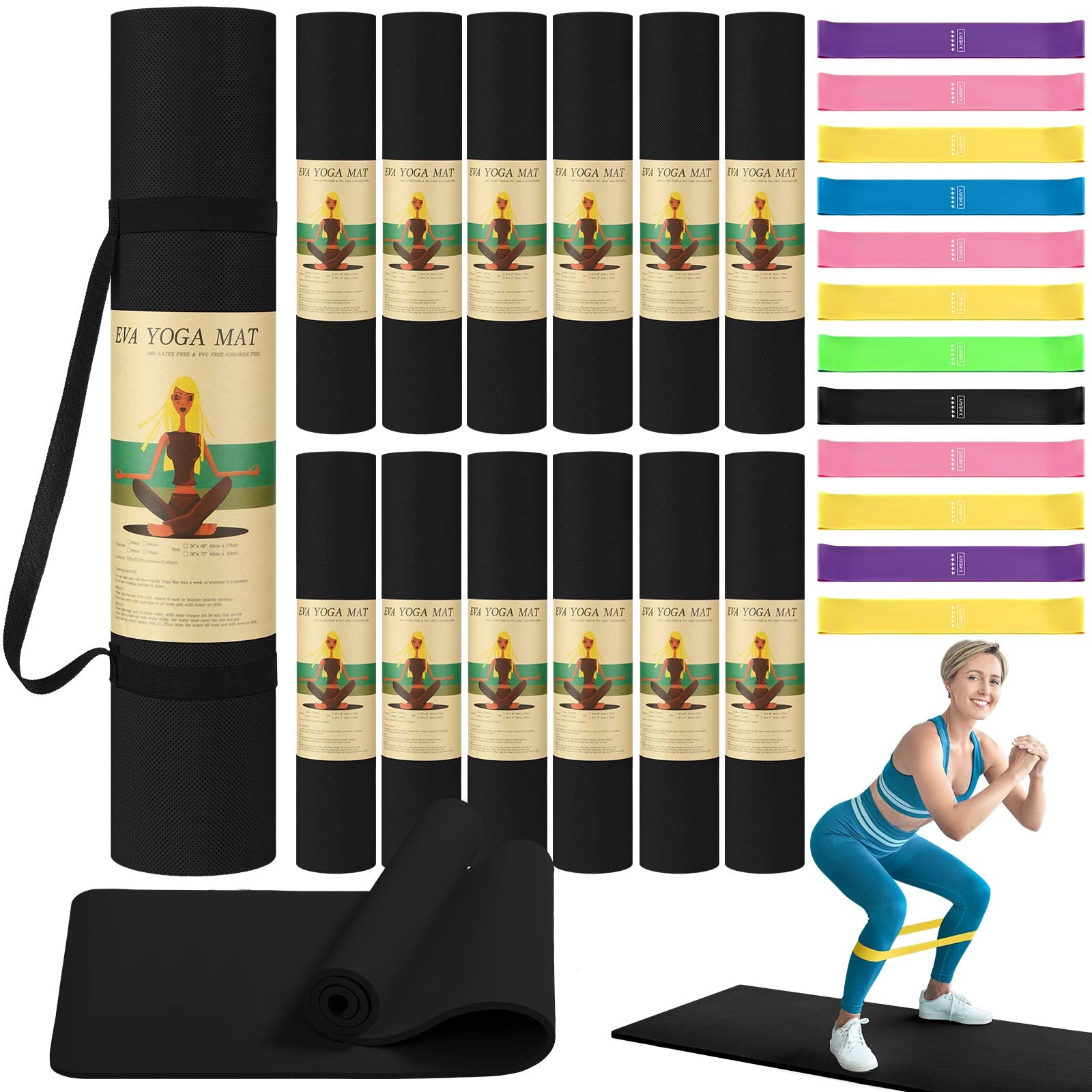 36 Pieces Yoga Mats Sets Includes 12 Pcs Yoga Mats Bulk 68” x 24” x 6mm Thick…